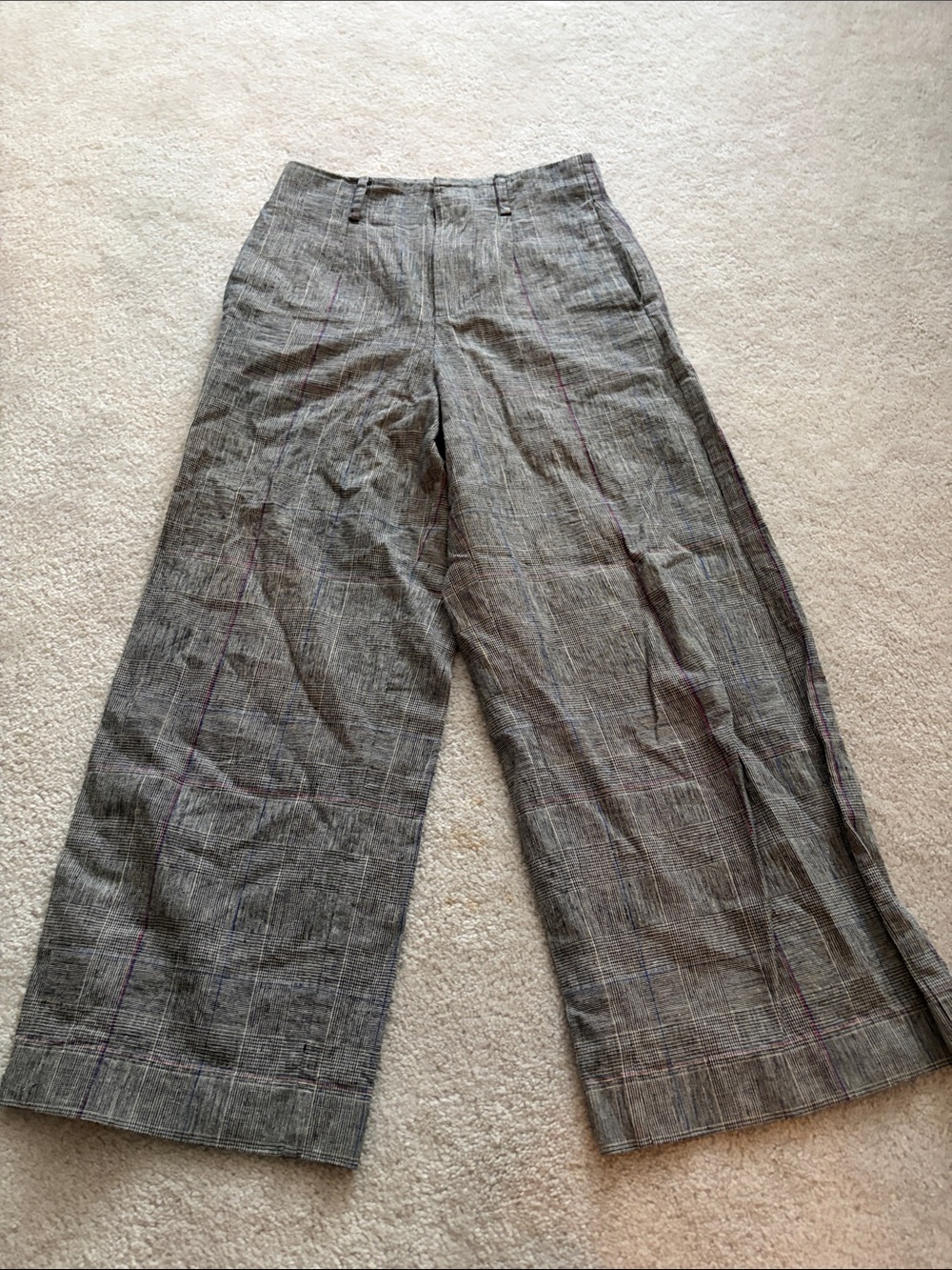 Linen cotton blend Wide-Leg Plaid Chinos - Gray